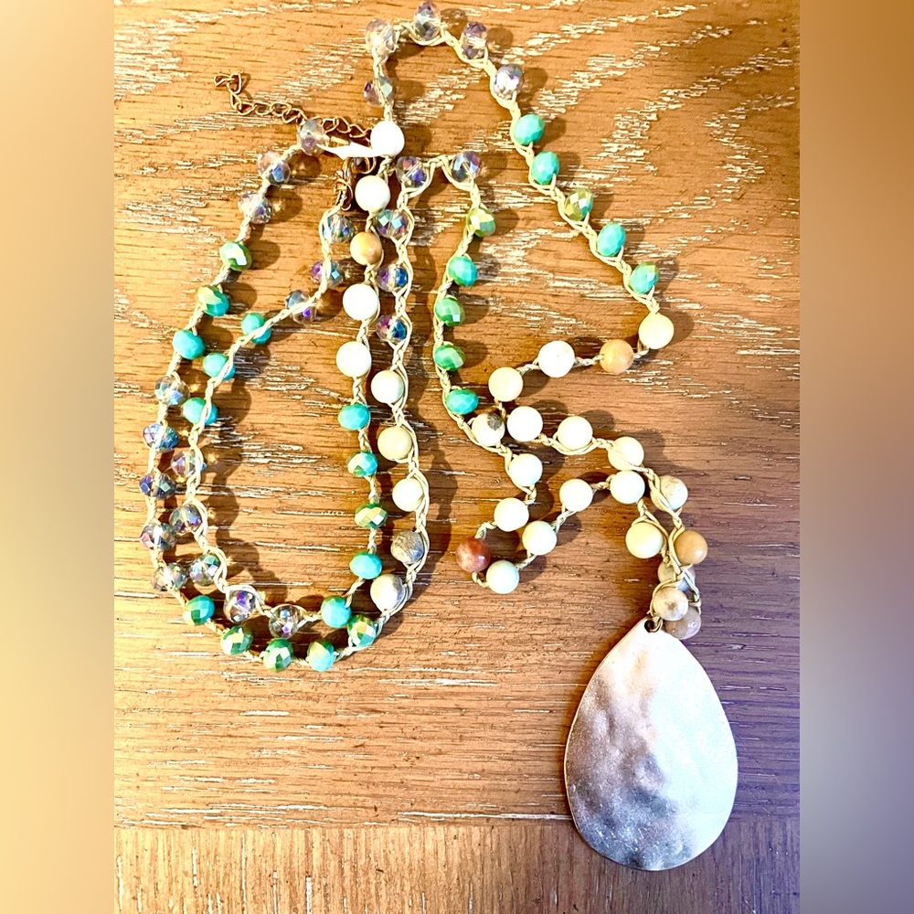 40” Long Natural Bead Bohemian Crocheted Necklace With Gold Teardrop Pendant
